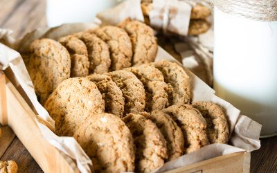 Close up of oatmeal cookies in wooden box. Rustic style. Toning